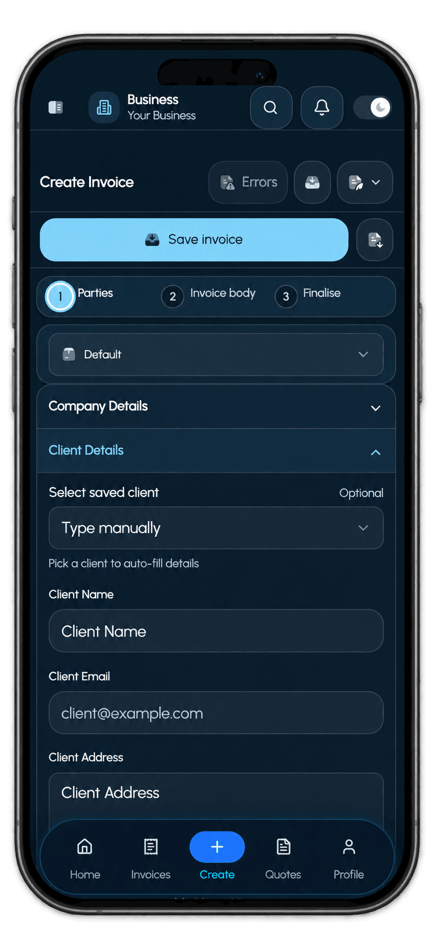 Alevo Create Invoice workflow presented on a phone