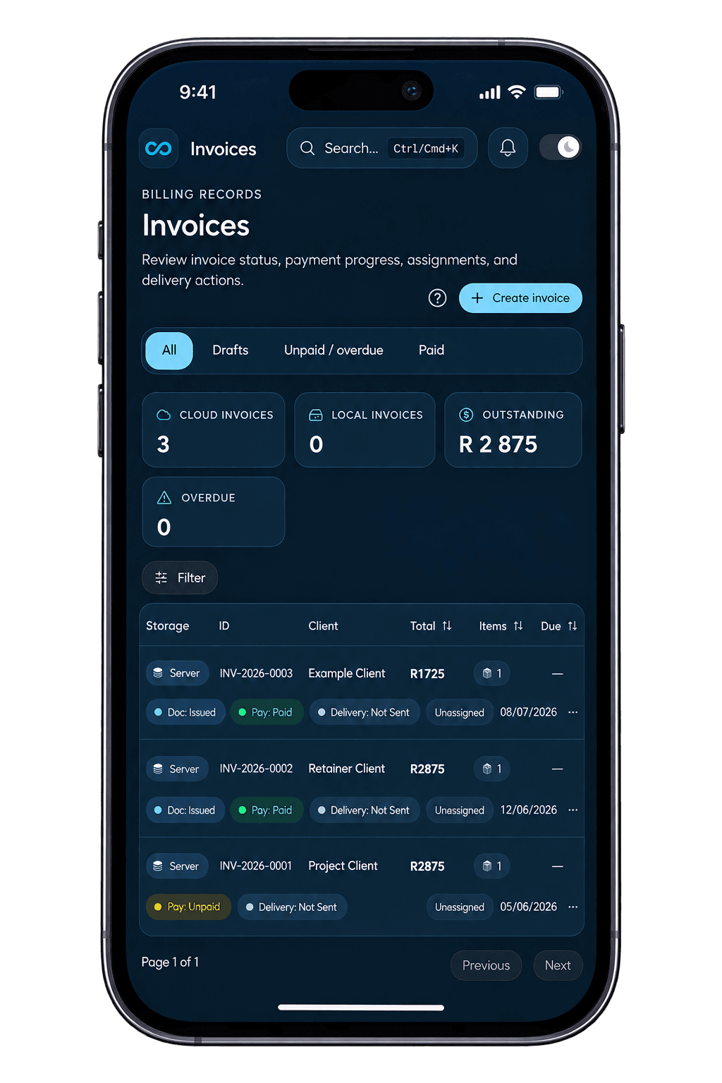 Alevo Invoices record presented on a phone