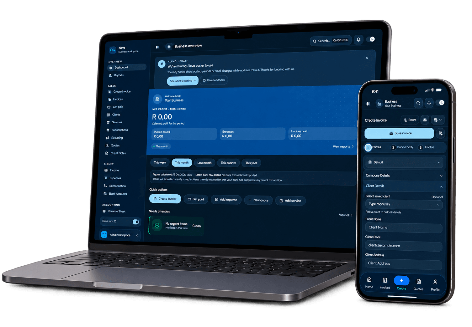 Alevo Business overview on a laptop with the Create Invoice workflow on a phone