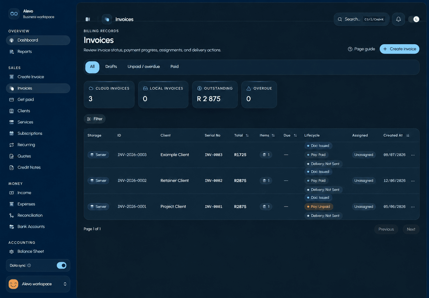 Alevo invoice register for reviewing billing records