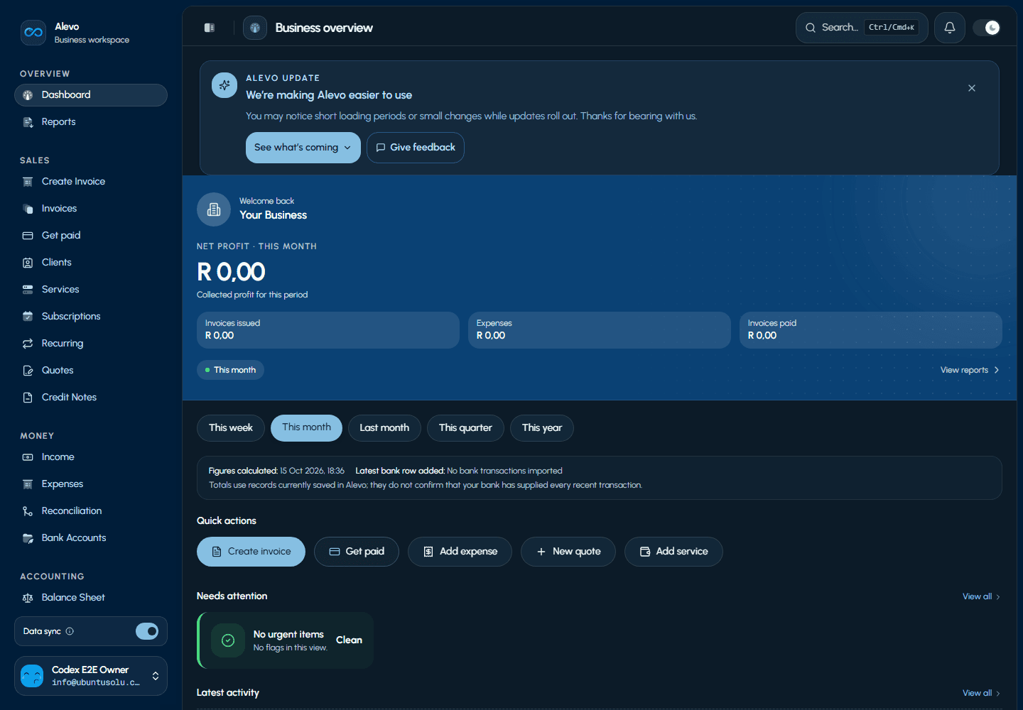 Alevo business overview with billing controls
